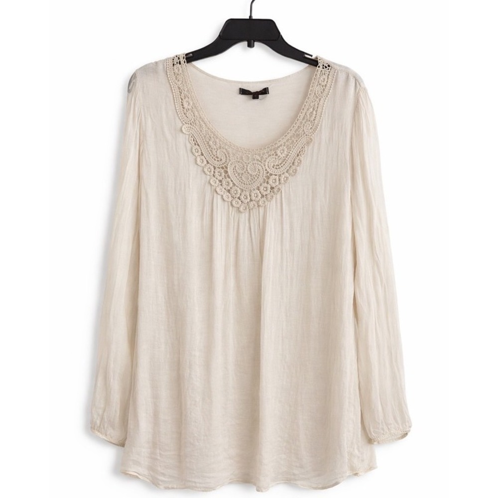 Carla Conti SILK Light Cream Crochet-Trim Long-Sleeve Blouse made in‎ ITALY